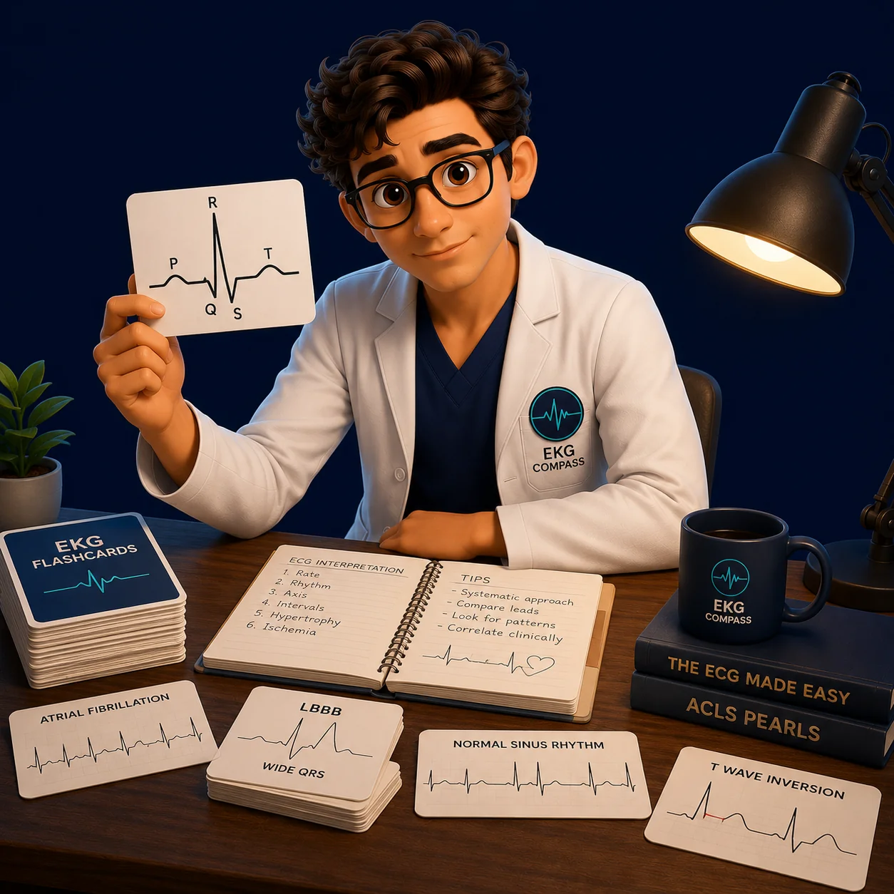 Compass studying ECG flashcards at desk